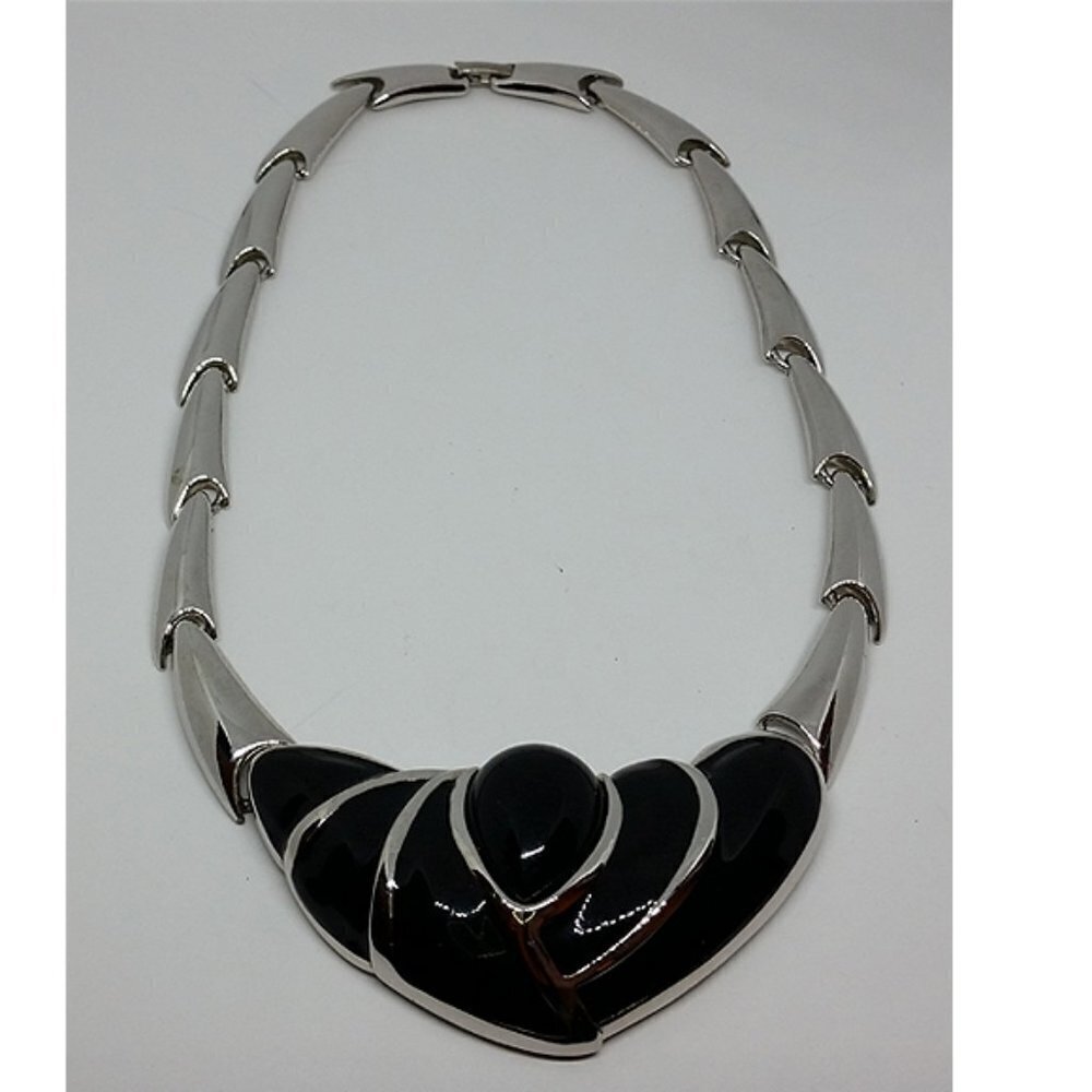 Vintage Napier Silver Tone Black Enamel Collar Necklace